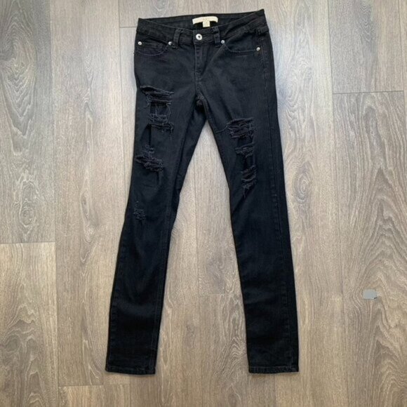 Forever 21 Women's Skinny Jeans Black Distressed Mid rise Stretch denim Size 26 - Picture 4 of 15